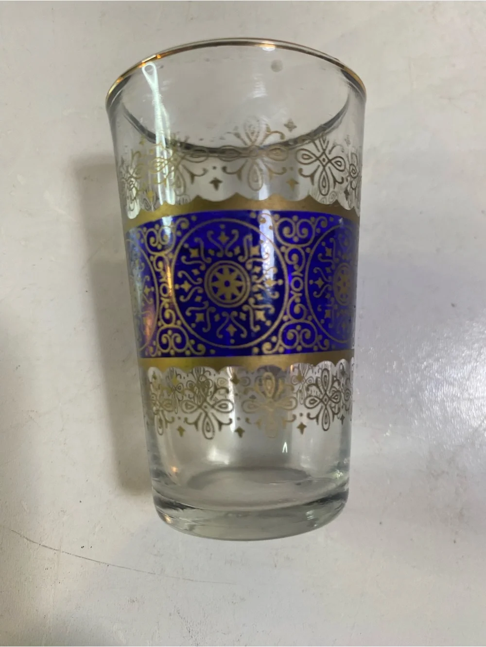 Set Of 4 Moroccan Royal Blue & Green Bar Glasses Gold Moorish Arabesque Design